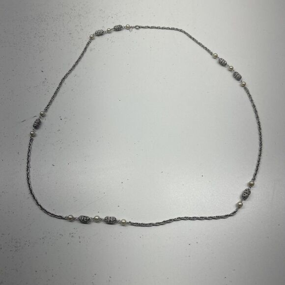 VTG Sarah Coventry Filigree Lady Silver Tone Faux Pearl Necklace 44” Long Chain - Picture 10 of 10